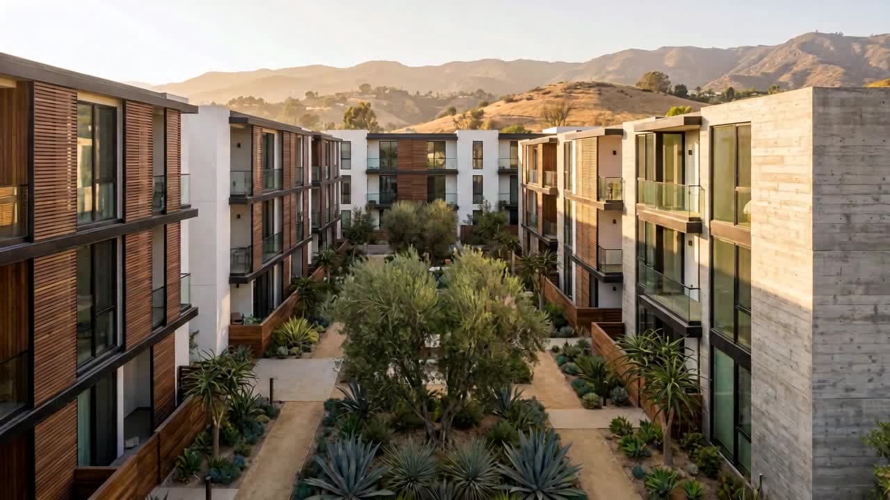 Illustrative rendering: a courtyard with olive trees and drought-tolerant planting between sunlit homes.